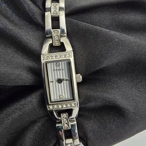 FOSSIL‎ F2 Silver Tone Crystal Accent Rectangle Link Bracelet Watch
